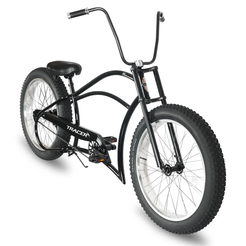 Tracer Bikes | Tracer Harman GT 26" Chopper Cruiser Bike – 26" Fat Tire Stretch Frame, Single Speed, Hi-Ten Steel, Black Matte & Black | Chico USA, Inc.