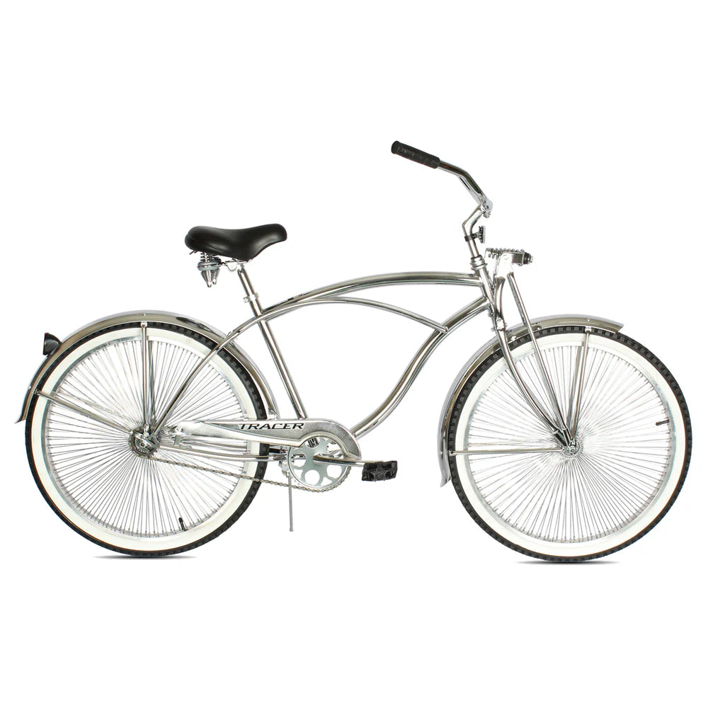 Tracer Bikes | Chrome Tracer Cheetah Vintage Stretch Cruiser Bike with Classic Springer Fork | Chico USA, Inc.