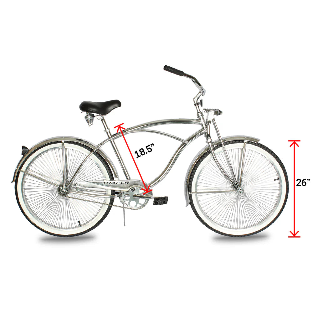 Tracer Bikes | Chrome Tracer Cheetah Vintage Stretch Cruiser Bike with Classic Springer Fork | Chico USA, Inc.