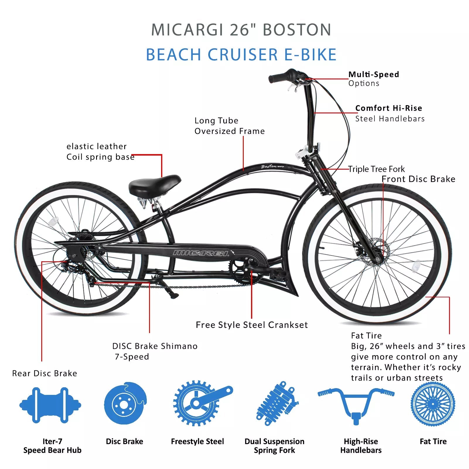 Tracer Bikes | Micargi Boston GT7 Stretch Cruiser Bicycle, 7-Speed, 26" Chopper Frame | Chico USA, Inc.