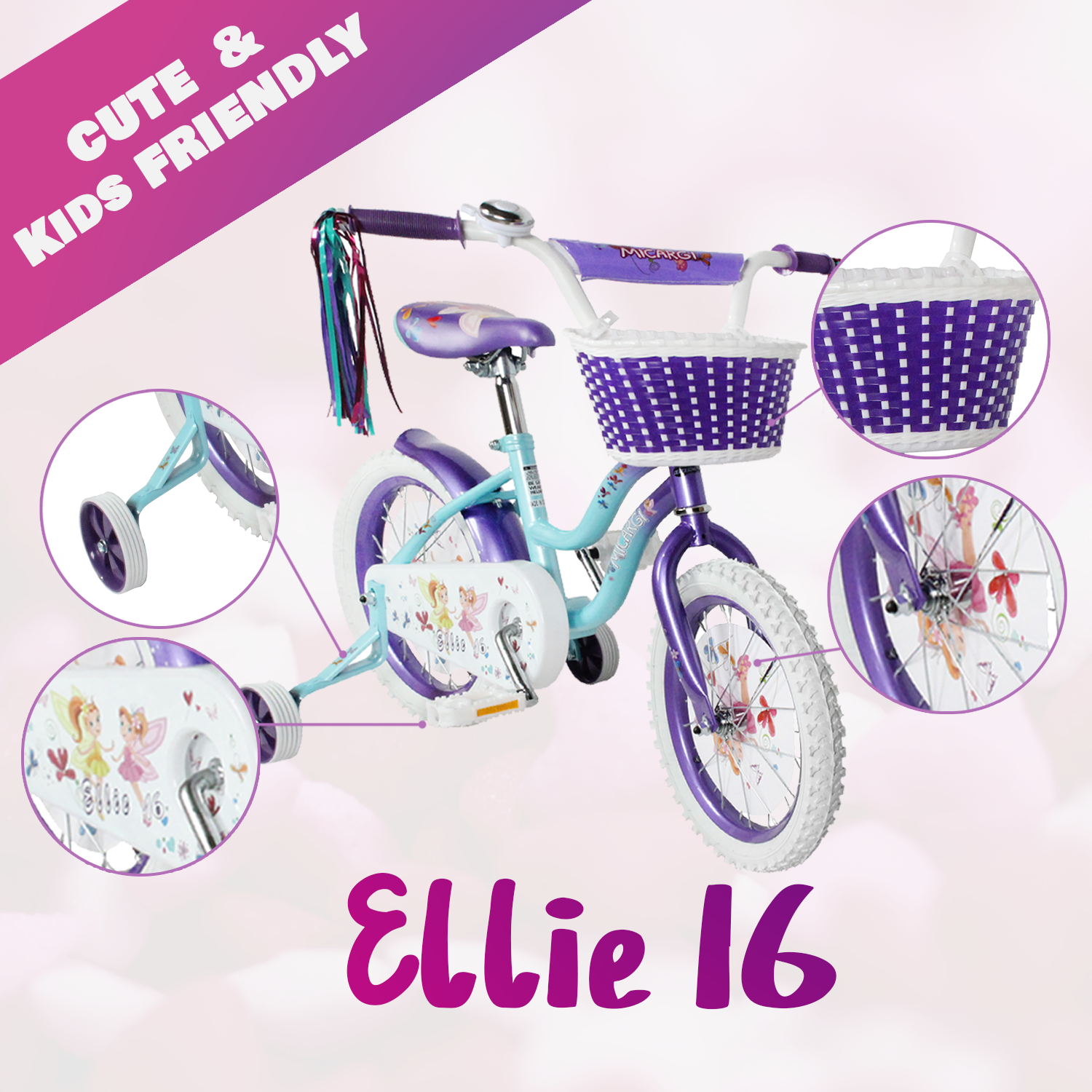 Tracer Bikes | Micargi Ellie Kids Bike, Boys and Girls Freestyle Bicycle, 16" with Training Wheels, 20" with Kickstand | Chico USA, Inc.