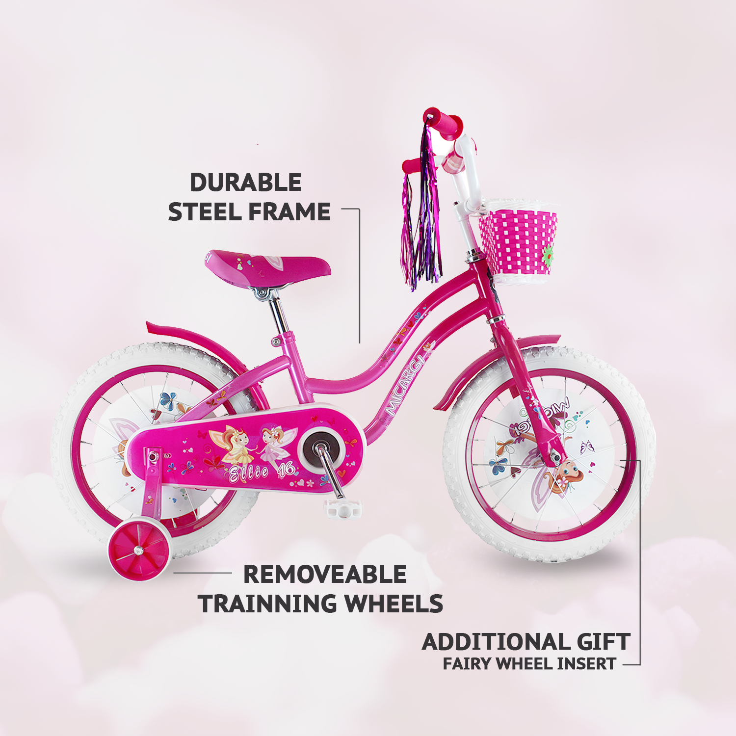 Tracer Bikes | Micargi Ellie Kids Bike, Boys and Girls Freestyle Bicycle, 16" with Training Wheels, 20" with Kickstand | Chico USA, Inc.