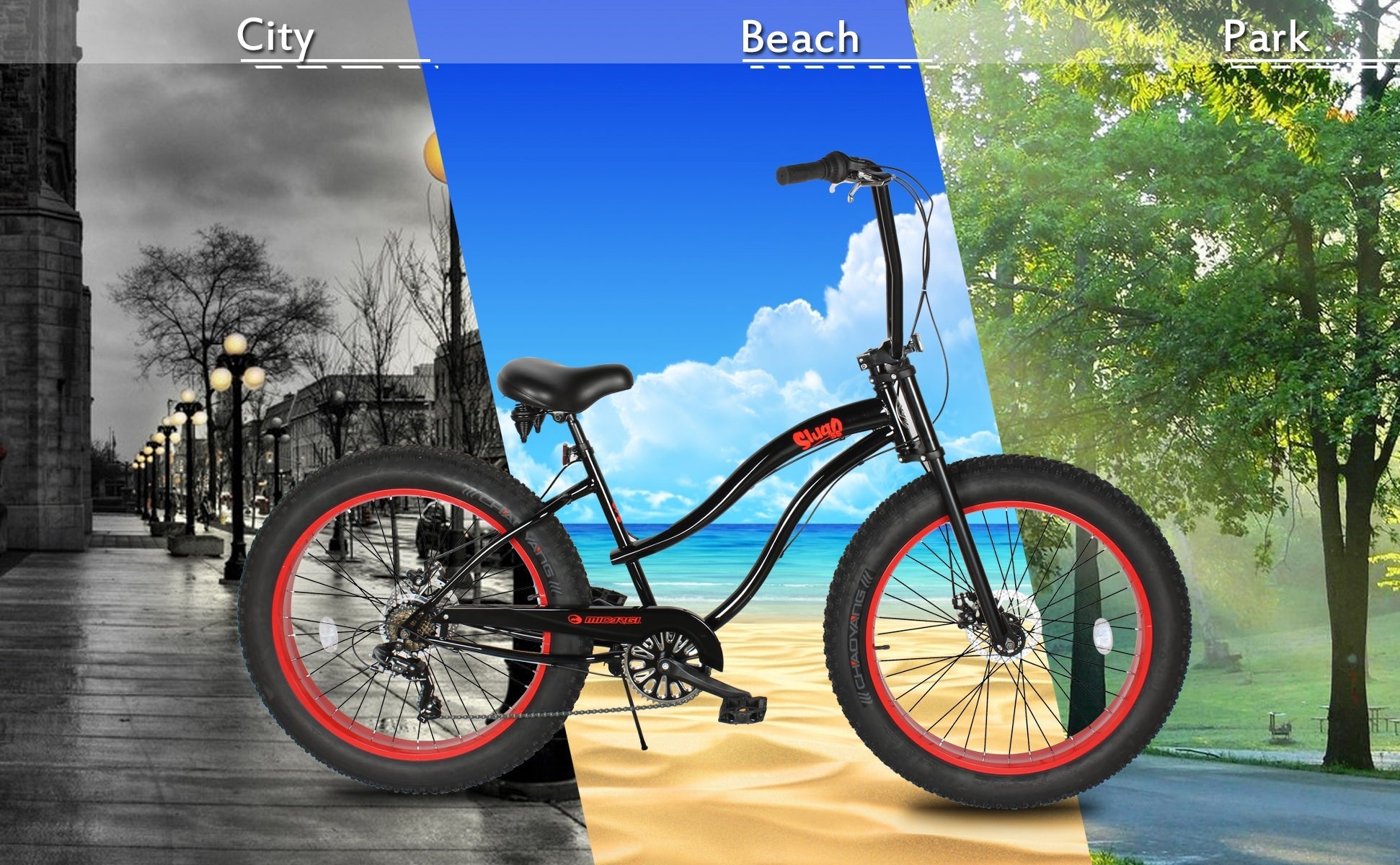Tracer Bikes | Micargi Slugo SS 26" Beach Cruiser Bike with Shimano 7-Speed Disc Brakes and FAT Tires | Chico USA, Inc.