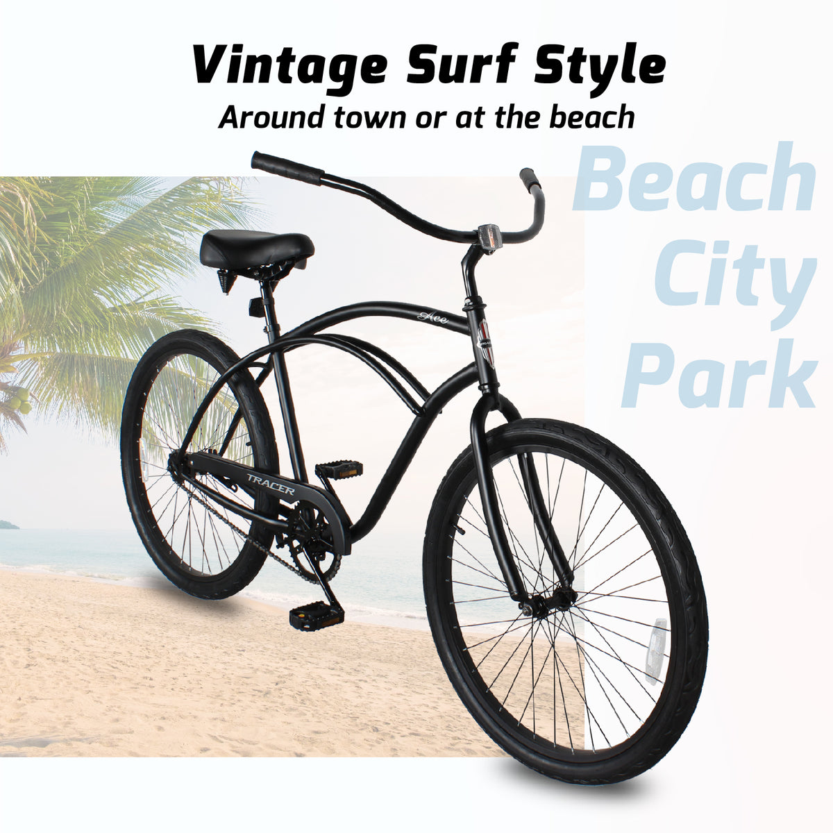 Tracer Bikes | Tracer ACE 26" Beach Cruiser Bike for Men, Single Speed, Hi-ten Steel Frame, Black, 26" Tires | Chico USA, Inc.