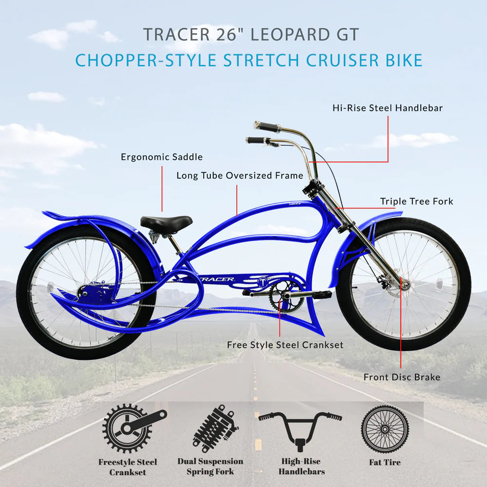 Tracer Bikes | Tracer Leopard GT Chopper Stretch Cruiser Bike with 3-Speed Rear Hubs | Chico USA, Inc.