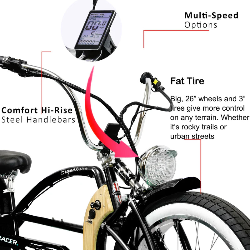 Tracer Bikes | Tracer Signature Pro 26" 800W Chopper Cruiser Electric Bike with Cigarette Lighter & USB Charging Port | Chico USA, Inc.