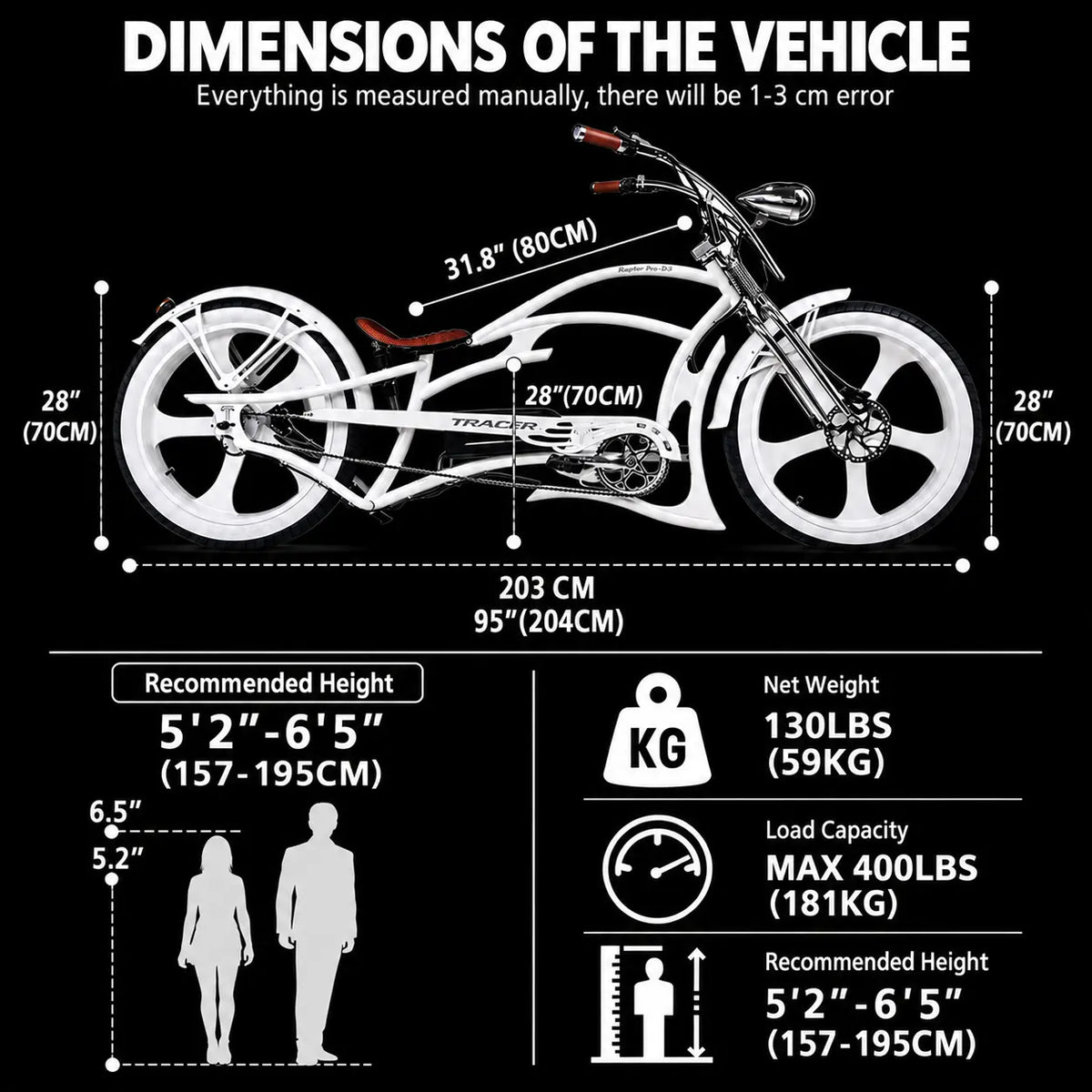 Tracer Raptor Pro DS 800W Chopper Style Stretch Cruiser Bike - Chico USA, Inc.