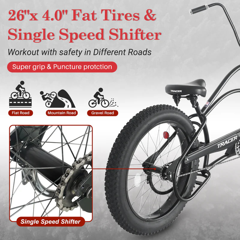 Tracer Harman GT 26" Chopper Cruiser Bike – 26" Fat Tire Stretch Frame, Single Speed, Hi-Ten Steel, Black Matte & Black - Chico USA, Inc.