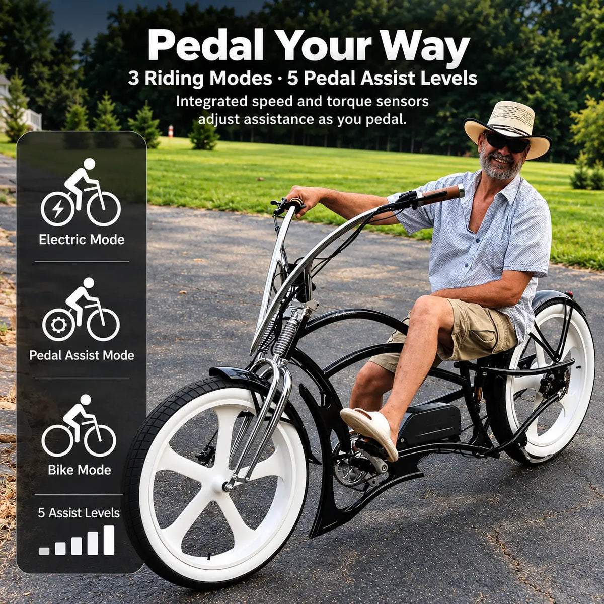 Tracer Raptor Pro DS 800W Chopper Style Stretch Cruiser Bike - Chico USA, Inc.
