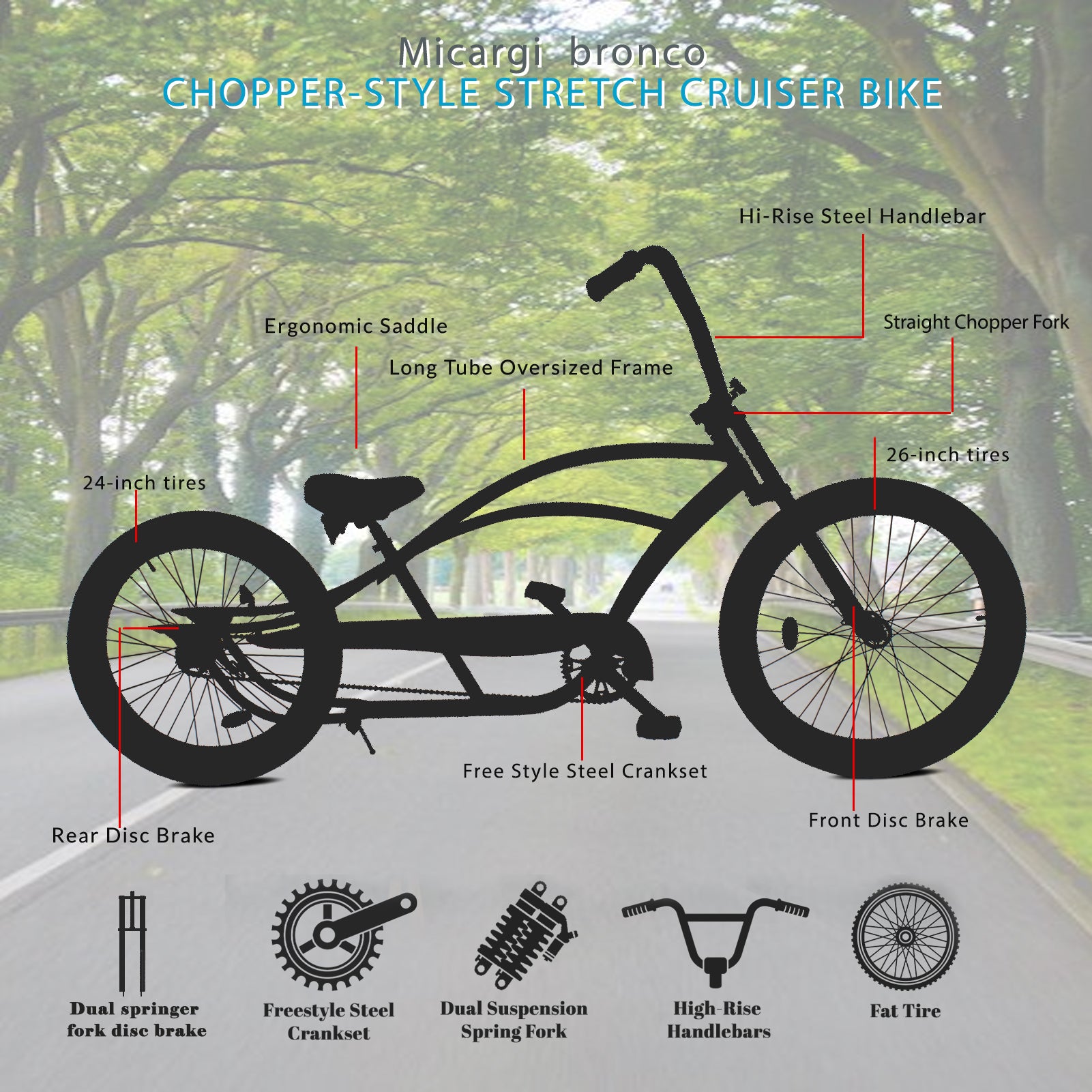 Micargi Bronco 3.0 26" Stretch Classic Beach Cruiser Bike - Chico USA, Inc.