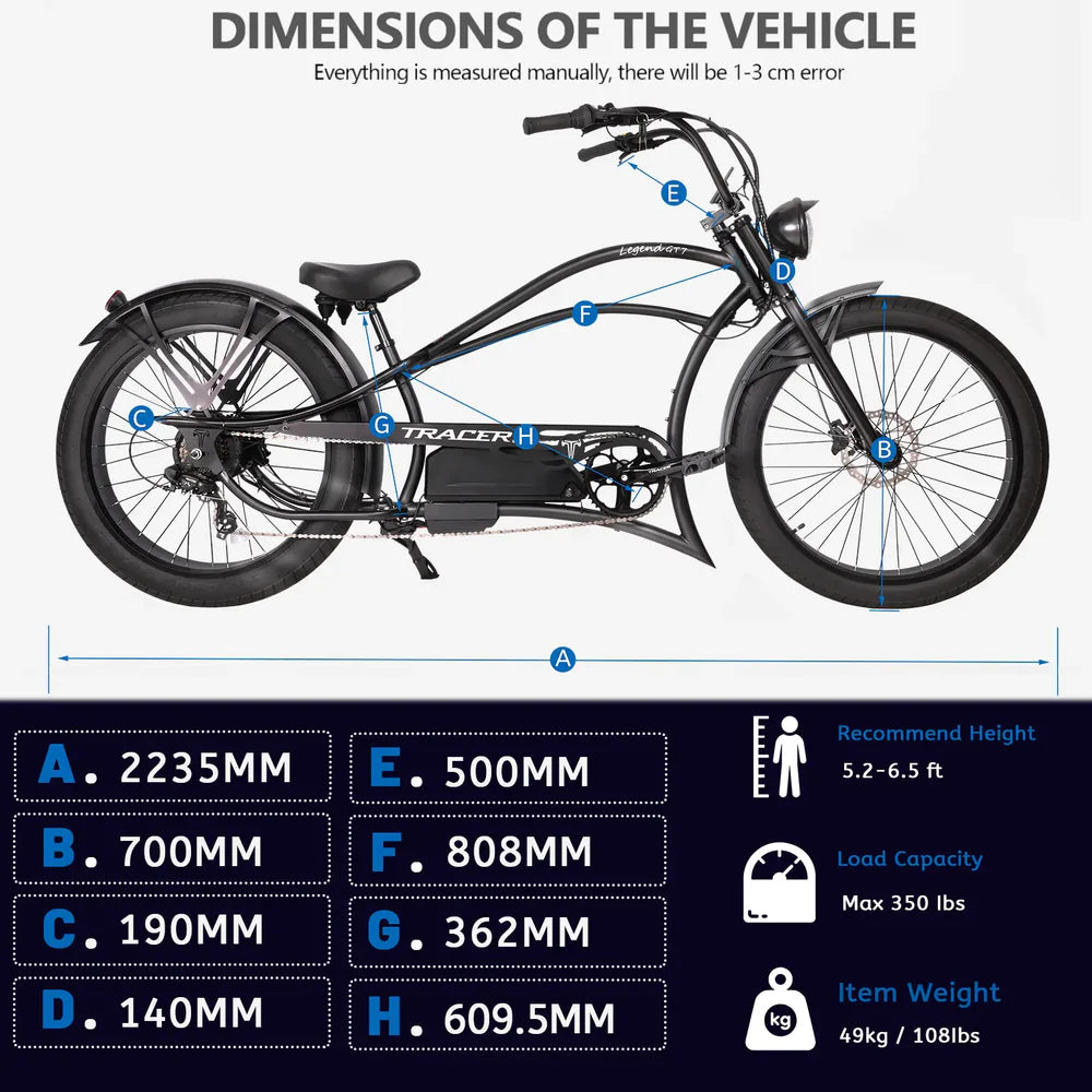 Tracer Bikes | Legend GT7 1000W Electric Cruiser Bike – 1000W Motor, Fat Tires, 80 Miles Range, Chopper Style | Chico USA, Inc.