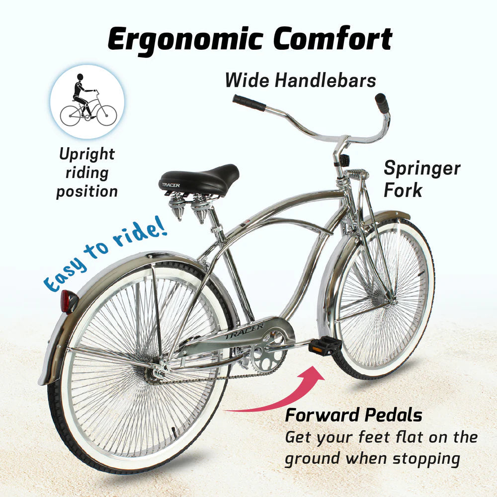 Tracer Bikes | Chrome Tracer Cheetah Vintage Stretch Cruiser Bike with Classic Springer Fork |  Chico USA, Inc. 