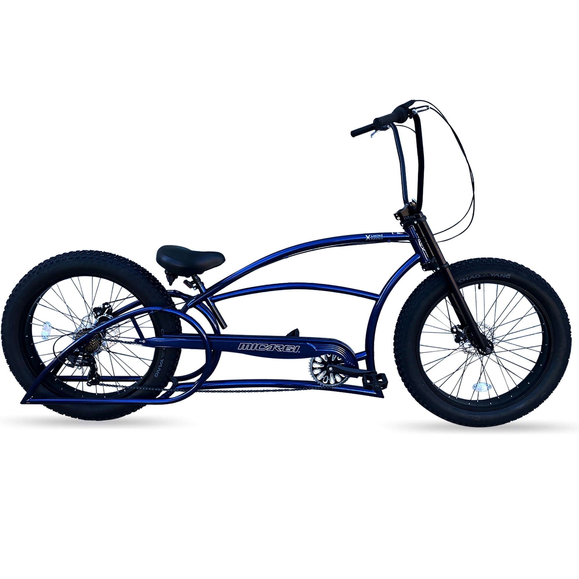 Tracer Bikes | Micargi Bombita XLE 7/GT7 Chopper Cruiser Bike, 26" Stretch Beach Cruiser, 7-Speed |  Chico USA, Inc. 
