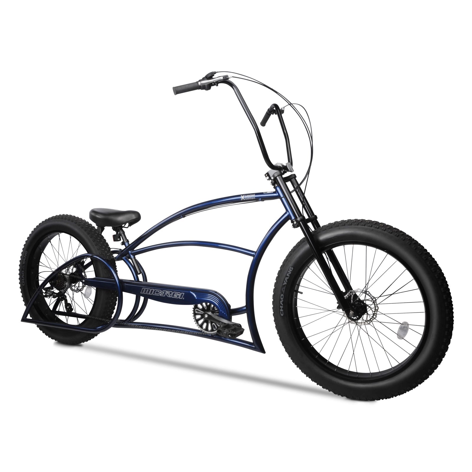 Tracer Bikes | Micargi Bombita XLE 7/GT7 Chopper Cruiser Bike, 26" Stretch Beach Cruiser, 7-Speed |  Chico USA, Inc. 