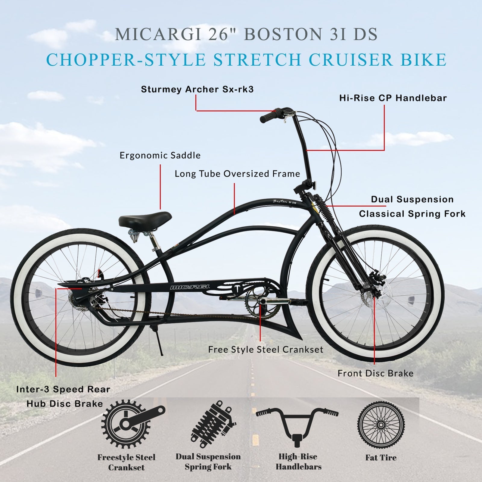 Tracer Bikes | Micargi Boston 3i DS Stretch Cruiser Bicycle, 26" Chopper Frame, 3-Speed Internal Hub |  Chico USA, Inc. 