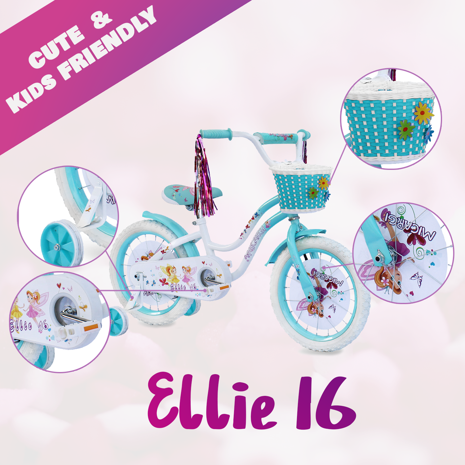 Tracer Bikes | Micargi Ellie Kids Bike, Boys and Girls Freestyle Bicycle, 16" with Training Wheels, 20" with Kickstand |  Chico USA, Inc. 