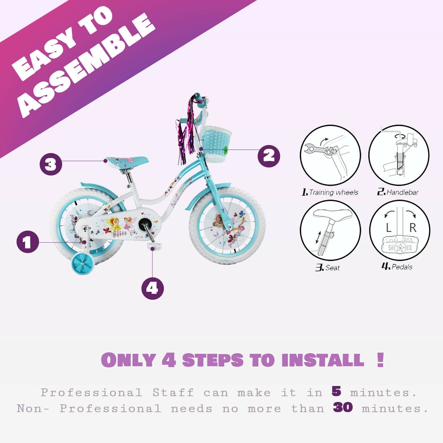 Tracer Bikes | Micargi Ellie Kids Bike, Boys and Girls Freestyle Bicycle, 16" with Training Wheels, 20" with Kickstand |  Chico USA, Inc. 