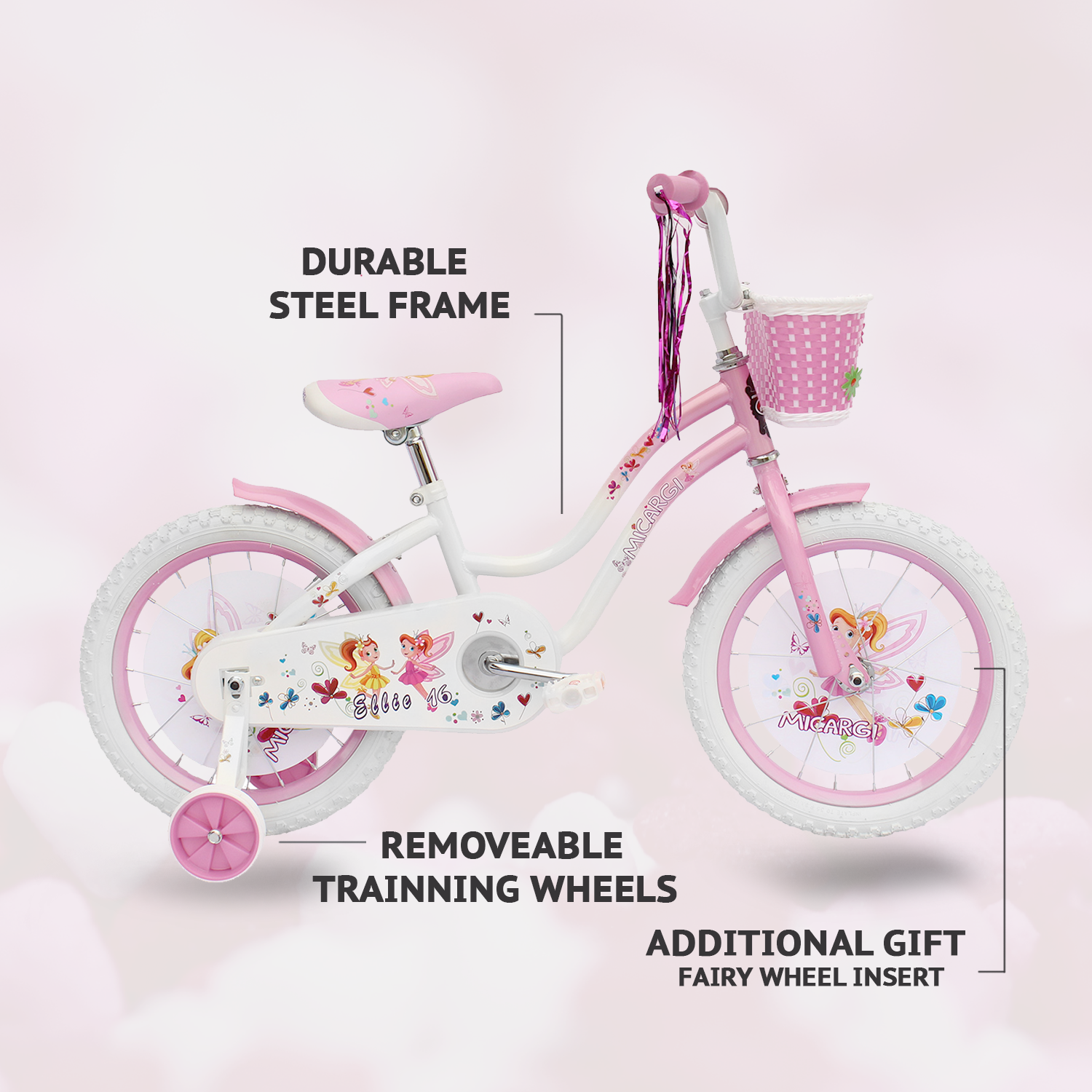 Tracer Bikes | Micargi Ellie Kids Bike, Boys and Girls Freestyle Bicycle, 16" with Training Wheels, 20" with Kickstand |  Chico USA, Inc. 