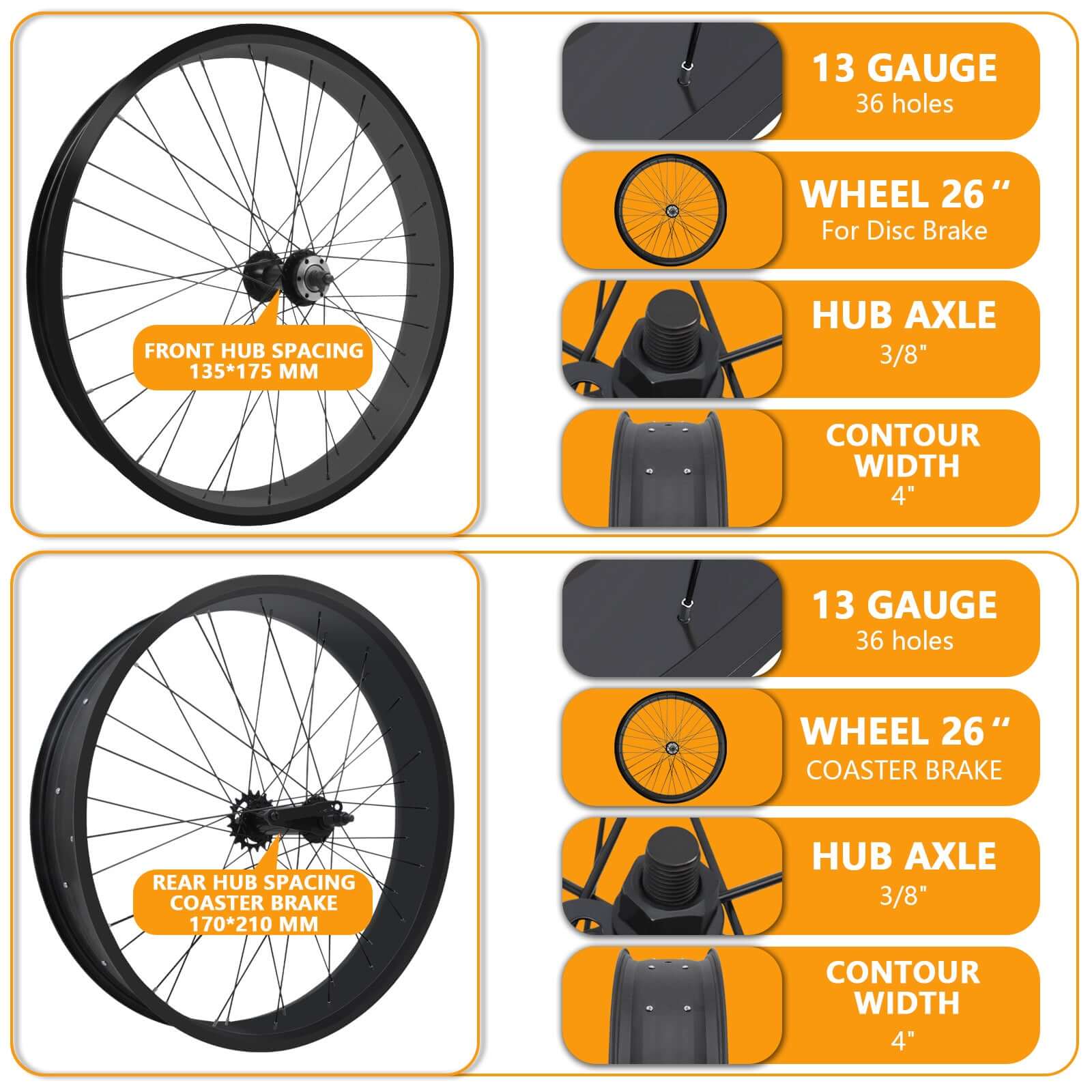 Tracer Bikes | Micargi WH-T952636C 26"x3" Alloy Fat Rims Wheel Set for 29"x4" Fat Tire, Single Speed |  Chico USA, Inc. 