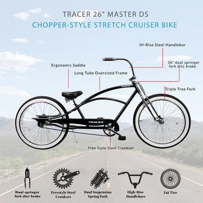 Tracer Bikes | Tracer Master DS 26" Dual Springer Chopper Stretch Beach Cruiser Bike with Fat Tires |  Chico USA, Inc. 