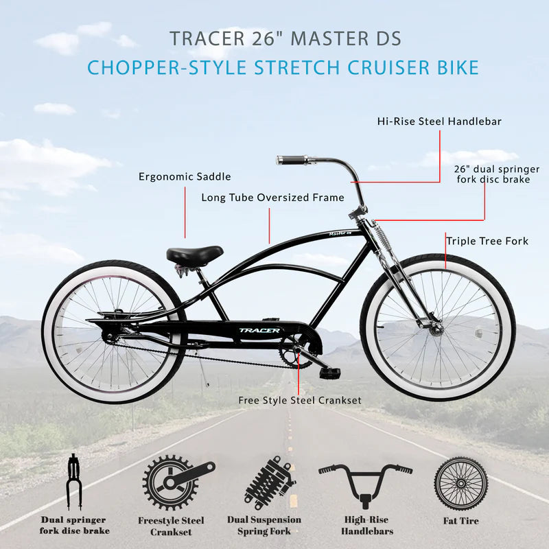Tracer Bikes | Tracer Master DS 26" Dual Springer Chopper Stretch Beach Cruiser Bike with Fat Tires |  Chico USA, Inc. 