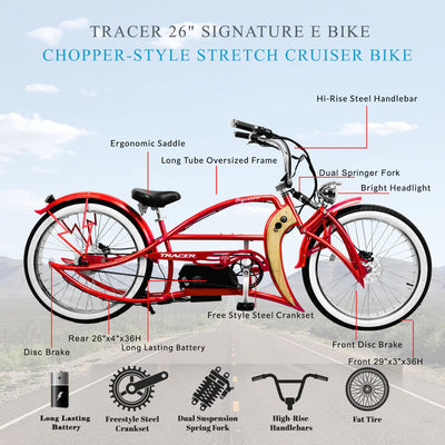 Tracer Bikes | Tracer Signature Pro 26" 800W Chopper Cruiser Electric Bike with Cigarette Lighter & USB Charging Port |  Chico USA, Inc. 