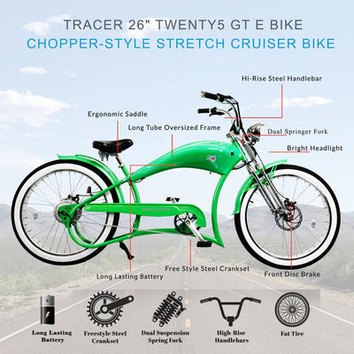 Tracer Bikes | Tracer Twenty5 DS 500W 26" Dual Springer Cruiser E-Bike with Shimano 7-Speed, Disc Brakes |  Chico USA, Inc. 