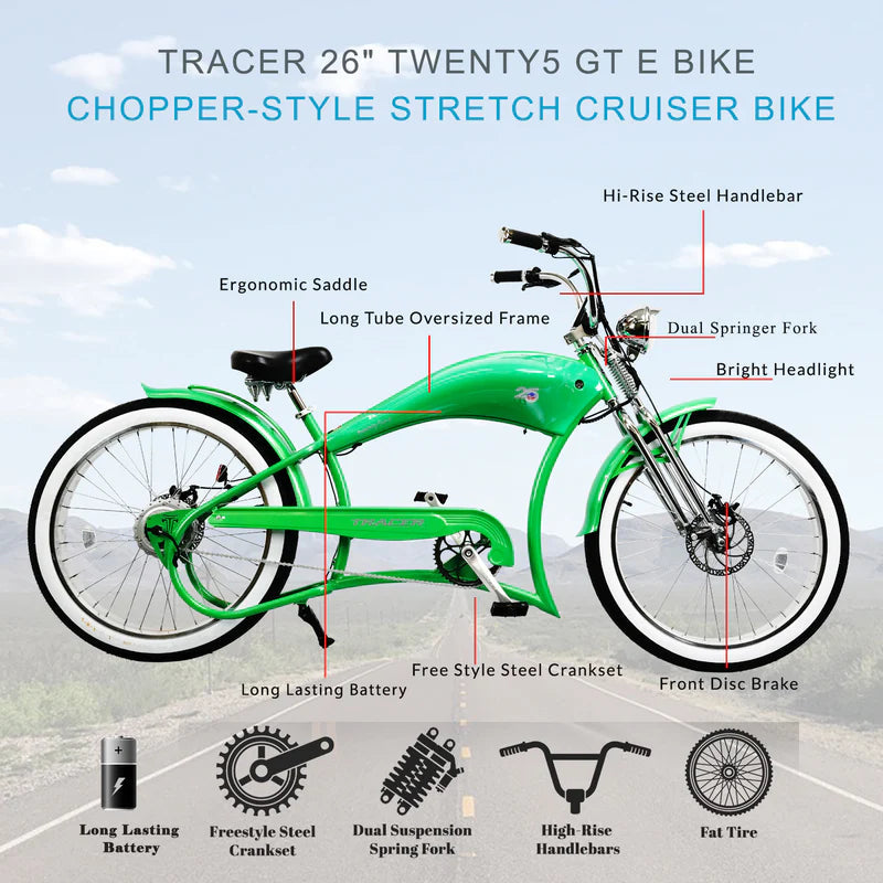 Tracer Bikes | Tracer Twenty5 DS 500W 26" Dual Springer Cruiser E-Bike with Shimano 7-Speed, Disc Brakes |  Chico USA, Inc. 