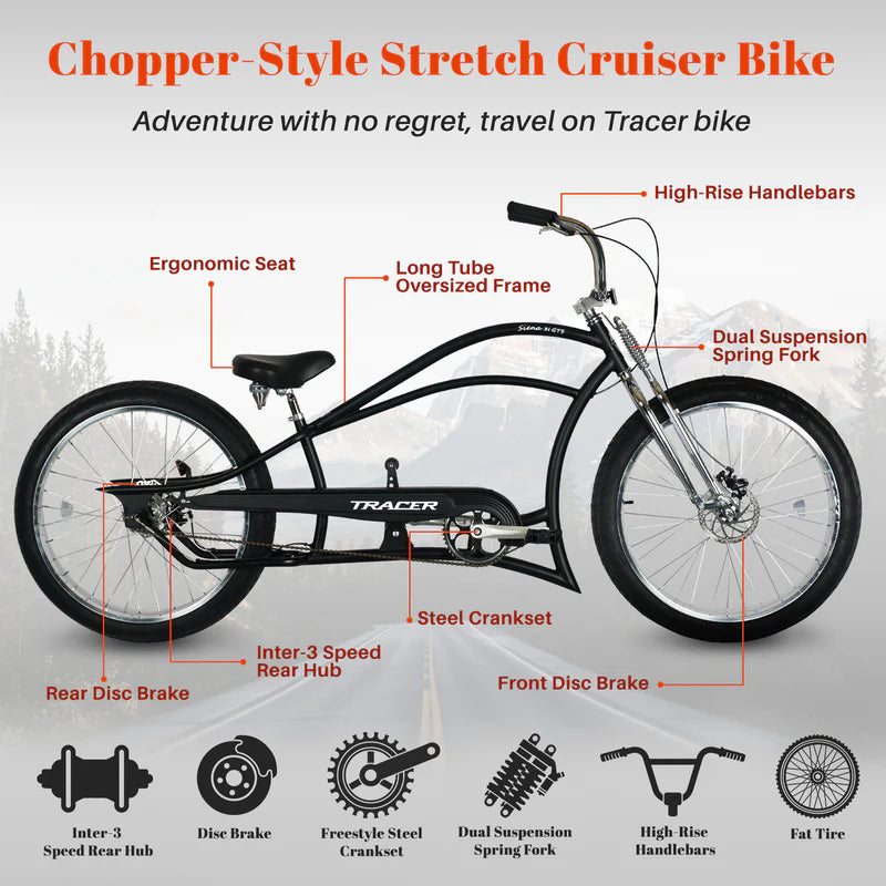 Tracer Bikes | Tracer SIENA GTS 3i Internal 3-Speed Classical Stretch Beach Cruiser Bike with Shifting Rod, Brakes, and Suspension Spring System |  Chico USA, Inc. 
