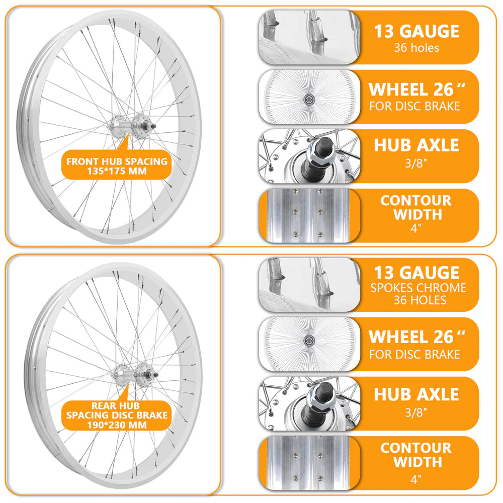 Tracer Bikes | Tracer WH-T952636D7 26" 7-Speed Fat Tire Wheel Set, Disc Brake Compatible, Black and Polished |  Chico USA, Inc. 