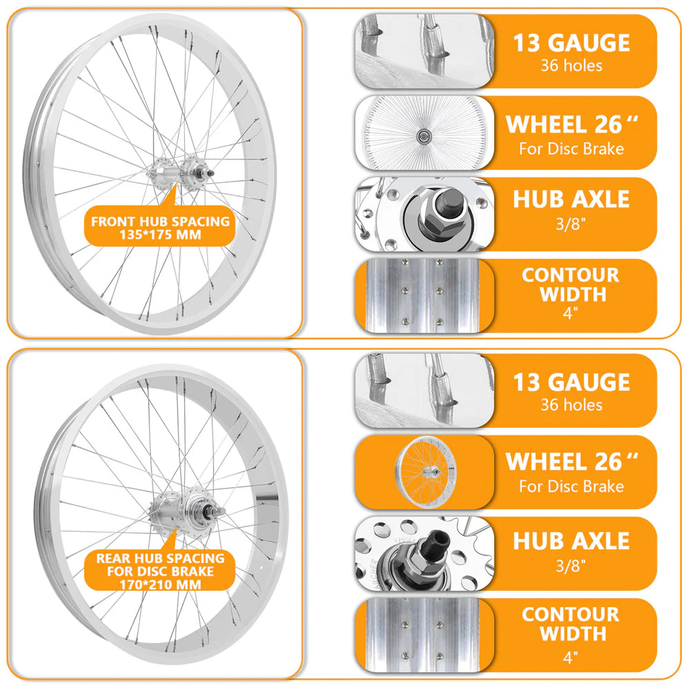 Tracer Bikes | Tracer WH-TR952636RK3 26" Fat Tire Wheel Set with Sturmey Archer 3-Speed Hub, Disc Brake Compatible |  Chico USA, Inc. 