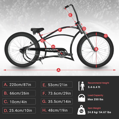 Tracer Bikes | Tracer Harman GT 26" Chopper Cruiser Bike – 26" Fat Tire Stretch Frame, Single Speed, Hi-Ten Steel, Black Matte & Black |  Chico USA, Inc. 