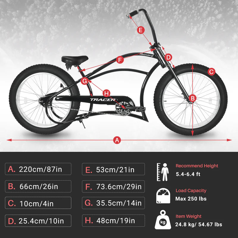 Tracer Bikes | Tracer Harman GT 26" Chopper Cruiser Bike – 26" Fat Tire Stretch Frame, Single Speed, Hi-Ten Steel, Black Matte & Black |  Chico USA, Inc. 