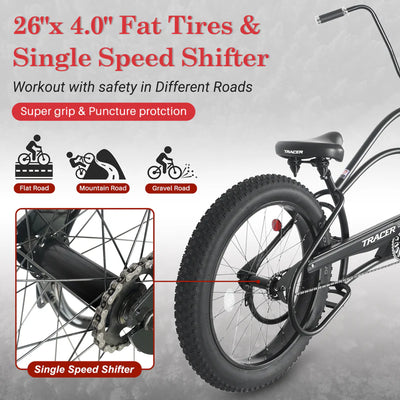 Tracer Harman GT 26" Chopper Cruiser Bike – 26" Fat Tire Stretch Frame, Single Speed, Hi-Ten Steel, Black Matte & Black - Chico USA, Inc.