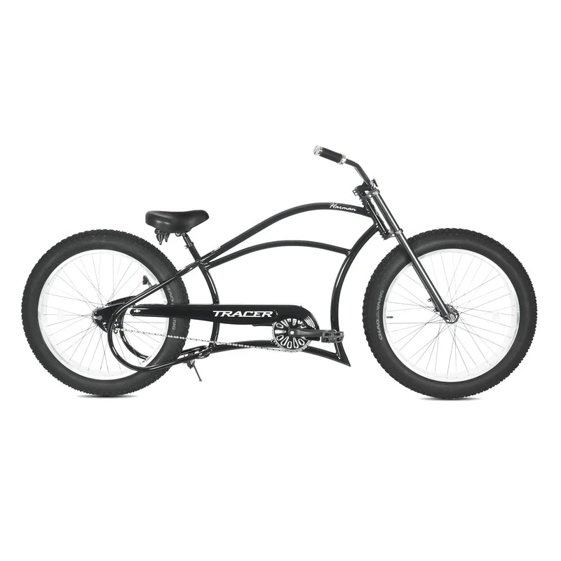 Tracer Bikes | Tracer Harman GT 26" Chopper Cruiser Bike – 26" Fat Tire Stretch Frame, Single Speed, Hi-Ten Steel, Black Matte & Black |  Chico USA, Inc. 