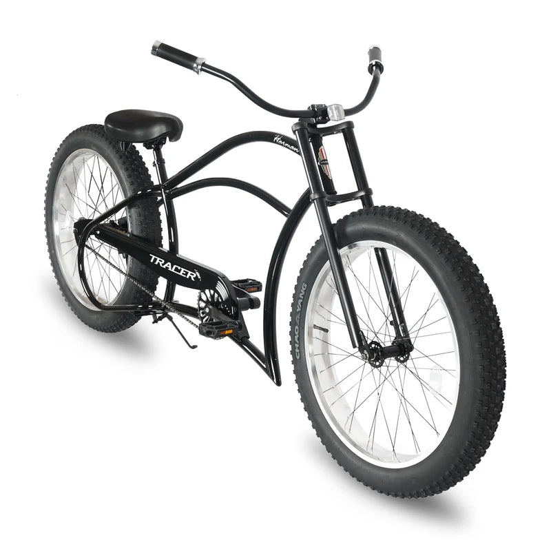 Tracer Bikes | Tracer Harman GT 26" Chopper Cruiser Bike – 26" Fat Tire Stretch Frame, Single Speed, Hi-Ten Steel, Black Matte & Black |  Chico USA, Inc. 