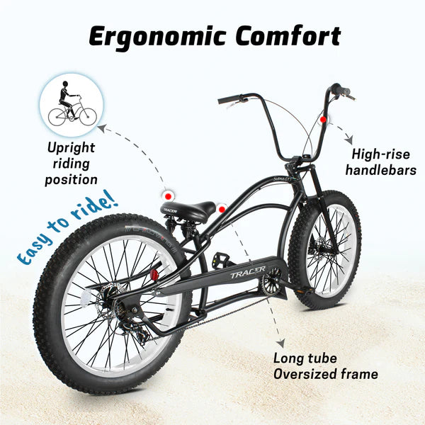 Tracer Siena GT 26'' Chopper Stretch Cruiser Fat Tire Bike with Hi-Rise Handlebars, 1 Speed/7 Speed, Multiple Colors - Chico USA, Inc.